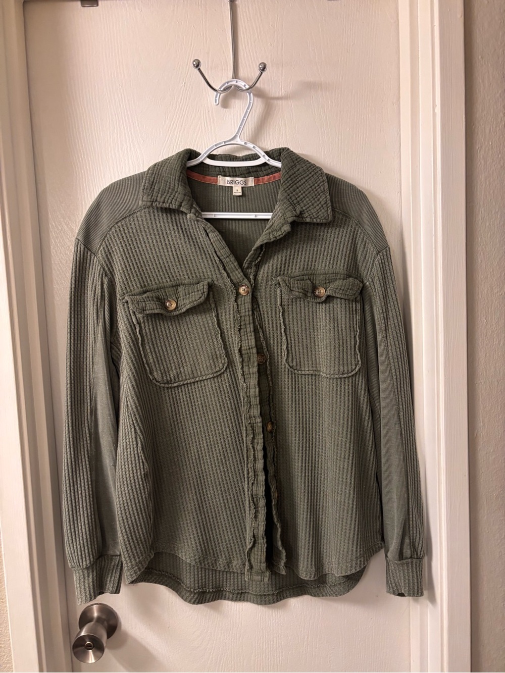 BRIGGS Olive Green Waffle Knit Shirt Jacket with Rust Trim